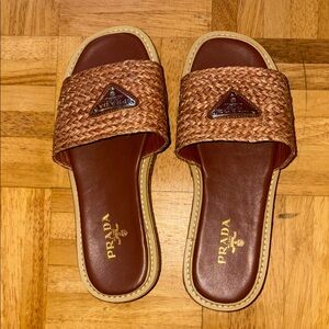 Prada Tan Woven Leather Slides